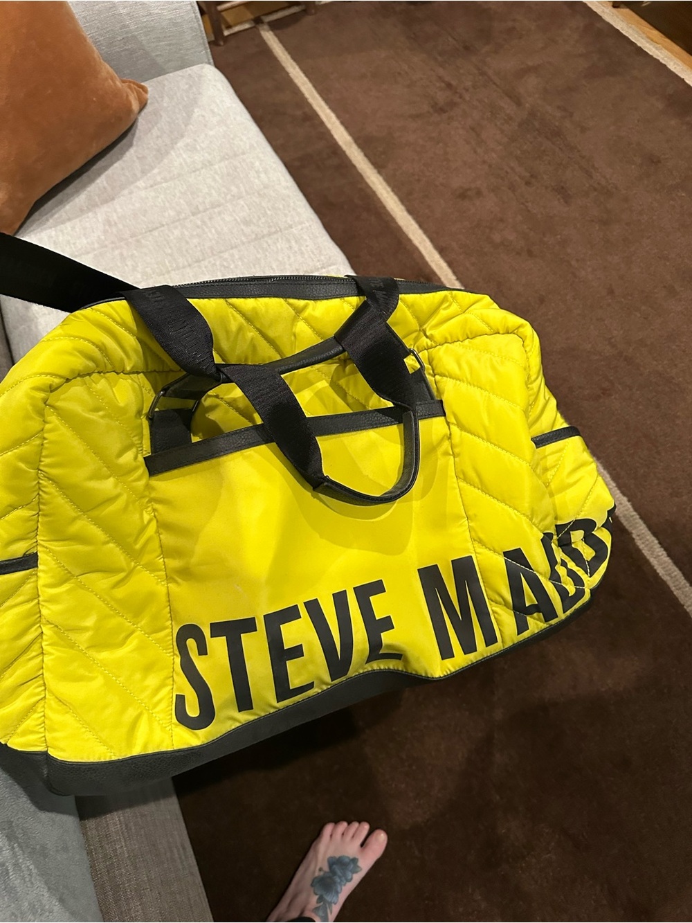 Steve Madden Neon Yellow Quilted Duffel with Black Trim